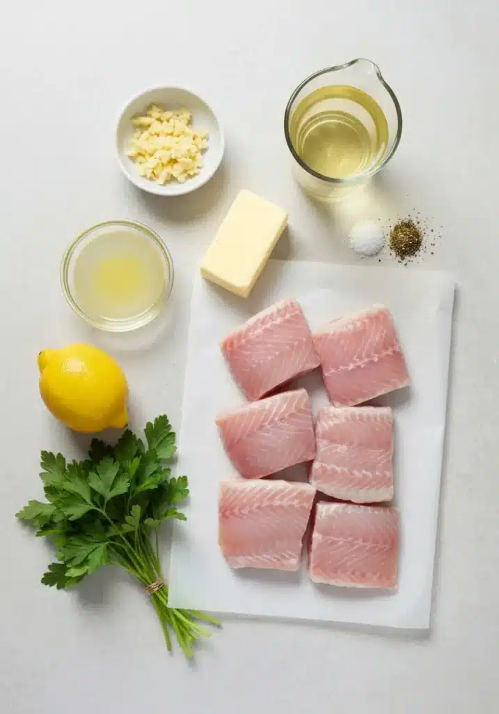 The Most Delicious Halibut Cheeks Recipe Sautéed with Garlic, Butter, and White Wine 1 Ingredients for halibut cheeks recipe: raw halibut cheeks, butter, garlic, lemon, parsley, and white wine.