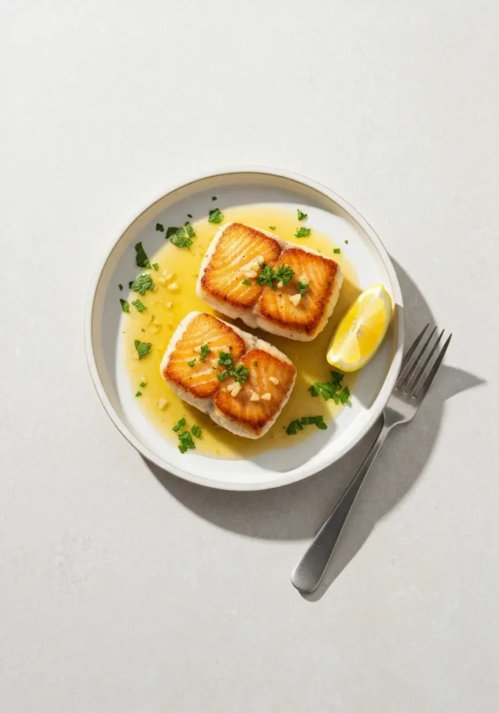 The Most Delicious Halibut Cheeks Recipe Sautéed with Garlic, Butter, and White Wine 2 An overhead view of the finished halibut cheeks recipe served on a white plate.