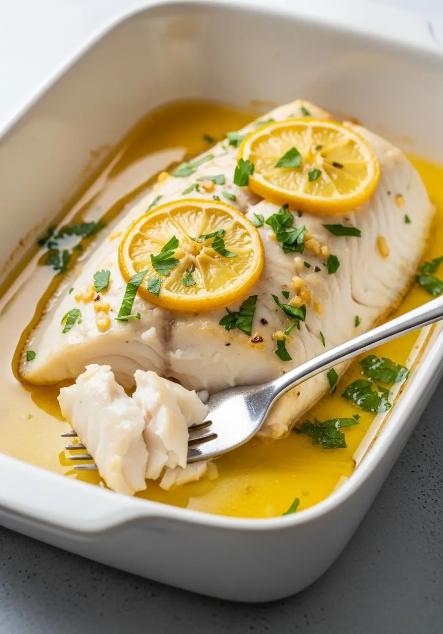 The Easiest Halibut in Oven Recipe with Lemon and Rosemary for a No-Fuss Healthy Meal 3 A close-up 45-degree view of a perfectly baked halibut fillet in a white dish, topped with lemon slices and fresh parsley, showing its flaky texture.