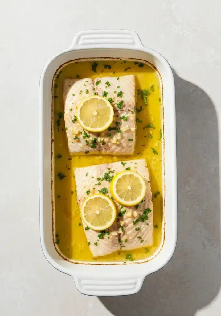 The Easiest Halibut in Oven Recipe with Lemon and Rosemary for a No-Fuss Healthy Meal 2 An overhead flat lay photo of baked halibut in a white baking dish, garnished with parsley and lemon.