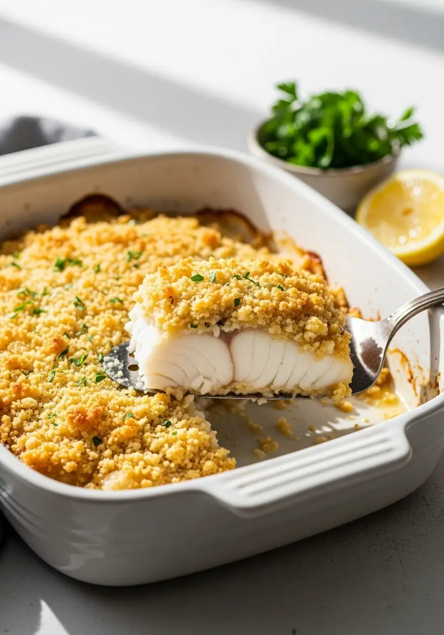 Classic Baked Halibut Olympia Recipe with a Creamy, Savory Mayonnaise Topping (So Good) 2 A close-up 45-degree angle shot of baked Halibut Olympia in a white dish, with a slice being lifted to show the flaky fish under the golden crust.