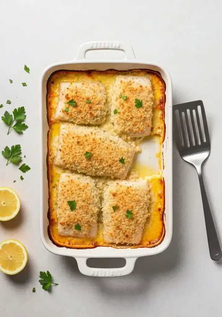 Classic Baked Halibut Olympia Recipe with a Creamy, Savory Mayonnaise Topping (So Good) 3 An overhead flat lay photo of the fully baked Halibut Olympia in its baking dish, showing the golden-brown crust.