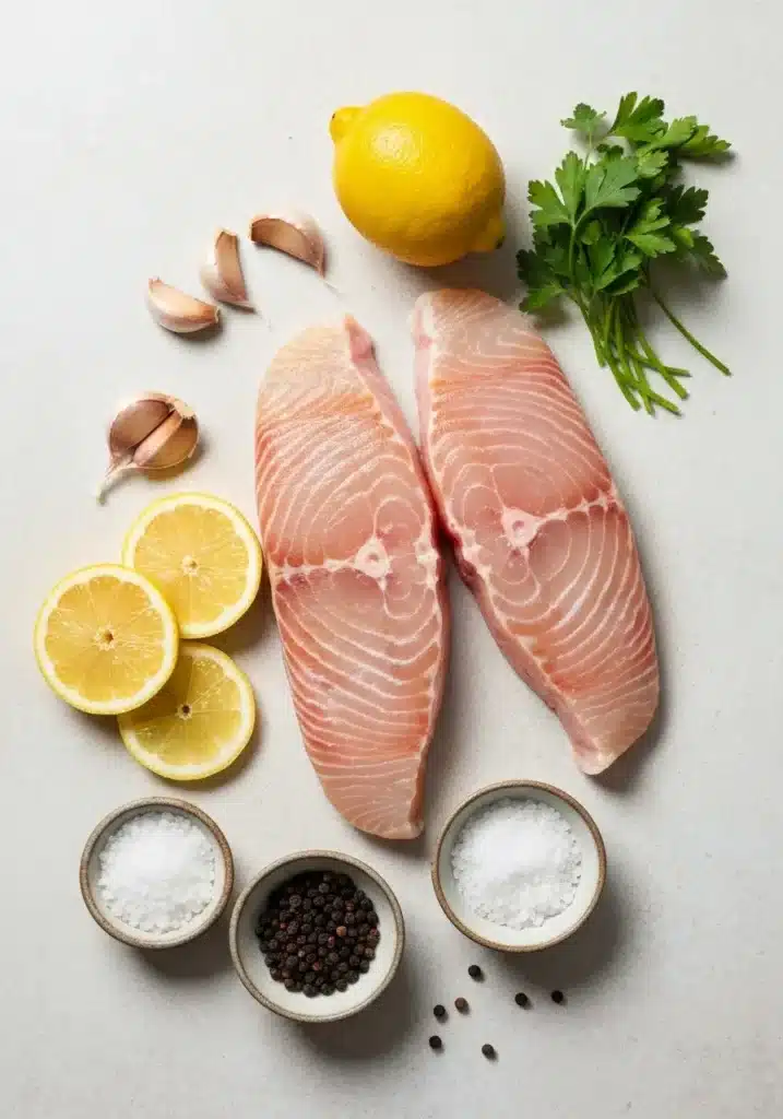 Perfectly Grilled Halibut Steak Recipe with Garlic and Herbs for a Simple, Healthy Meal 1 Ingredients for the halibut steak recipe, including raw halibut, lemon, garlic, and parsley, arranged on a light surface.