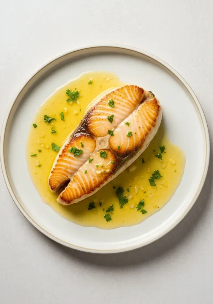 Perfectly Grilled Halibut Steak Recipe with Garlic and Herbs for a Simple, Healthy Meal 2 Overhead view of a cooked halibut steak on a plate, garnished with parsley and a lemon butter sauce.