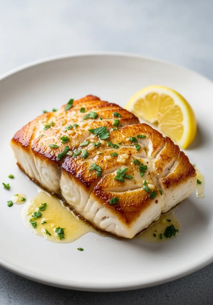 Perfectly Grilled Halibut Steak Recipe with Garlic and Herbs for a Simple, Healthy Meal 3 A perfectly cooked halibut steak recipe with a golden-brown crust, served on a white plate with lemon and fresh parsley.