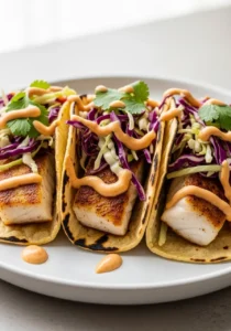 Three halibut tacos on a plate, filled with flaky fish, cabbage slaw, and a drizzle of creamy chipotle sauce.