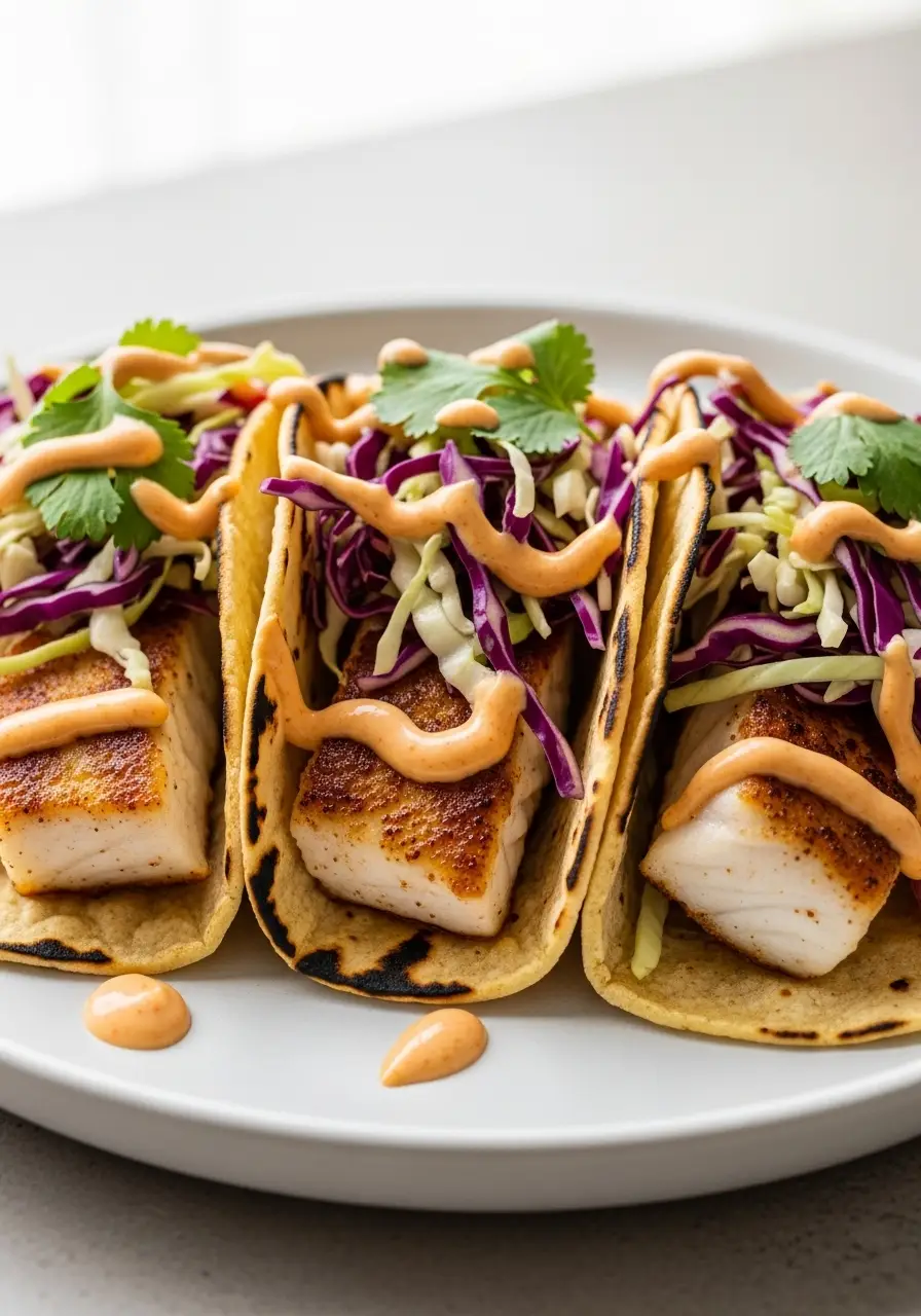 The Best Halibut Taco Recipe with a Creamy Chipotle Slaw You Need to Try This Summer 3 Three halibut tacos on a plate, filled with flaky fish, cabbage slaw, and a drizzle of creamy chipotle sauce.