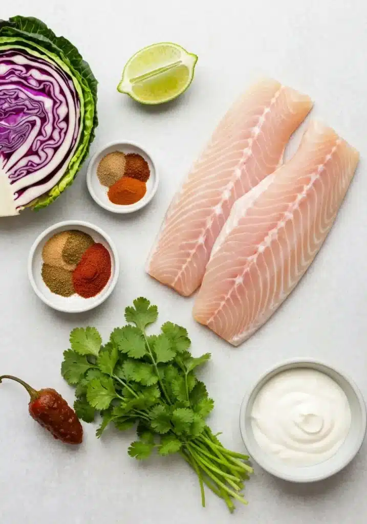The Best Halibut Taco Recipe with a Creamy Chipotle Slaw You Need to Try This Summer 1 Ingredients for halibut tacos, including halibut fillets, spices, cabbage, lime, and cilantro, laid out on a surface.
