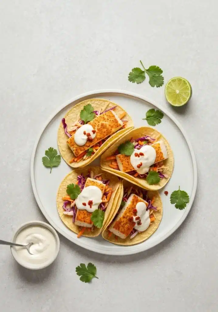 The Best Halibut Taco Recipe with a Creamy Chipotle Slaw You Need to Try This Summer 2 An overhead view of three halibut tacos on a plate, garnished with fresh cilantro and a lime wedge.