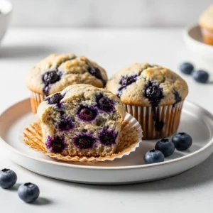 A healthy blueberry muffin broken in half on a plate, showing the moist and fluffy inside.