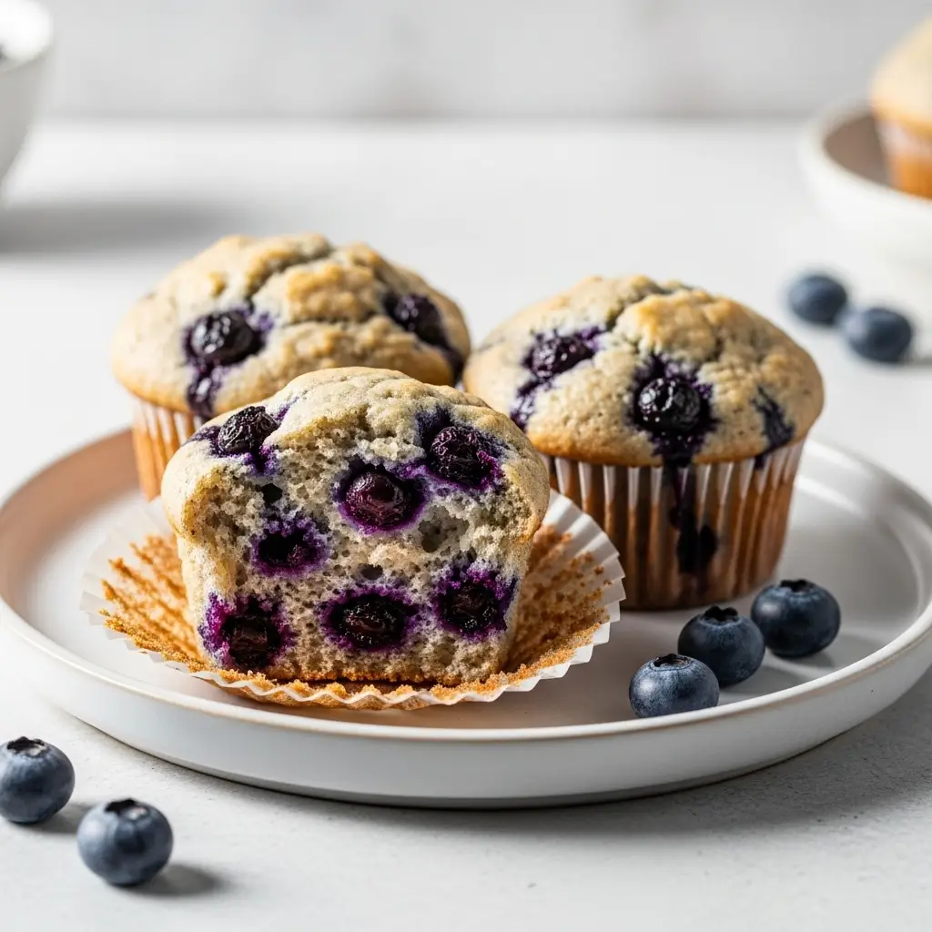 A healthy blueberry muffin broken in half on a plate, showing the moist and fluffy inside.