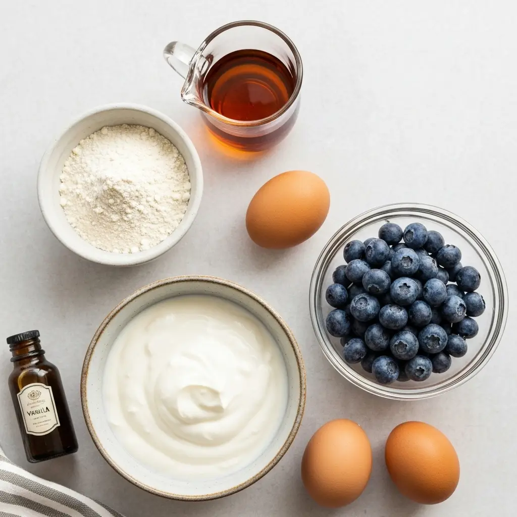 Ingredients for the healthy blueberry muffin recipe, including flour, blueberries, and Greek yogurt.