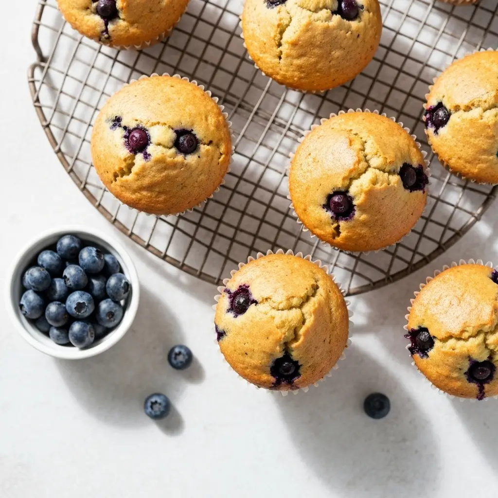 An overhead shot of healthy blueberry muffins cooling on a wire rack.
