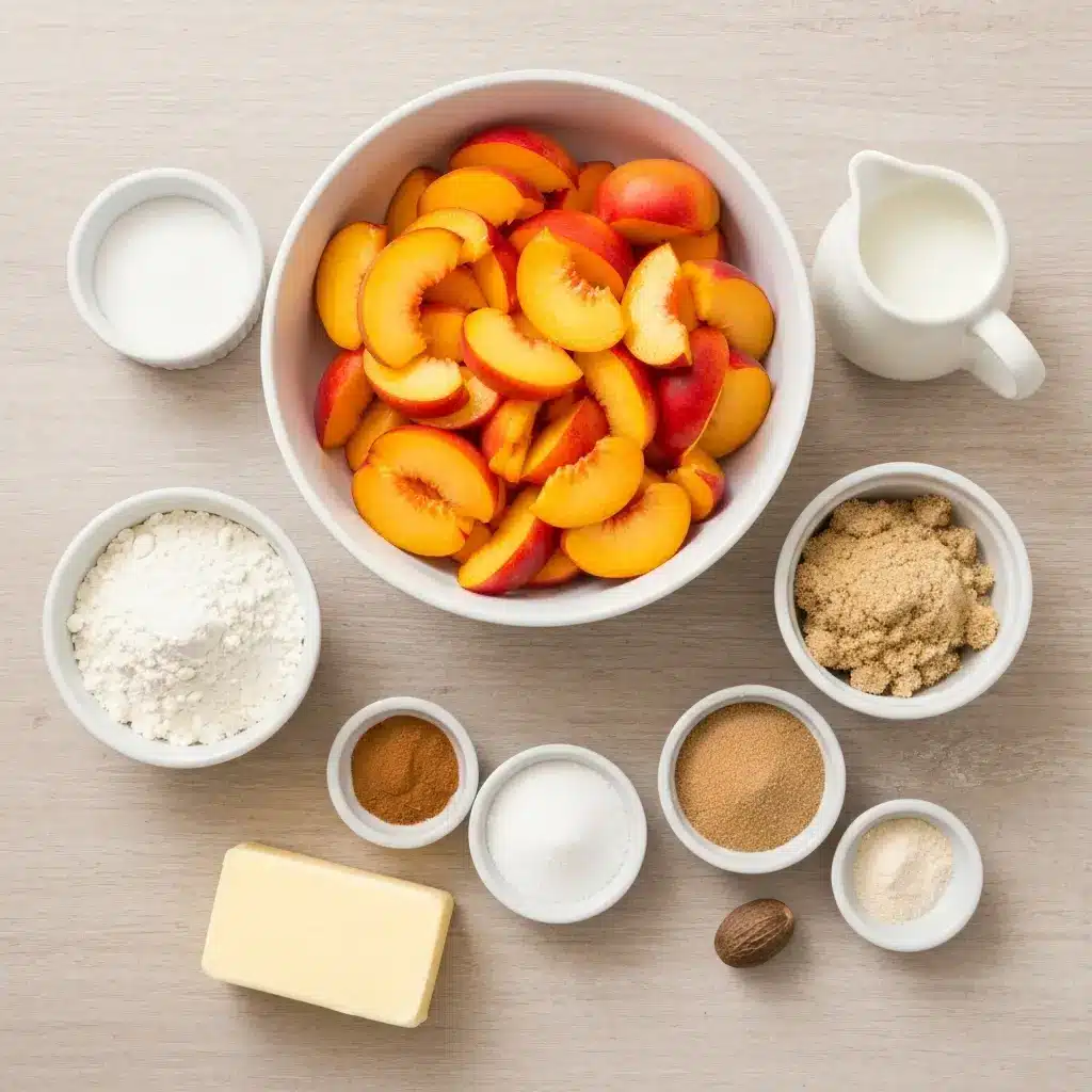 Homemade Peach Cobbler Recipe (The Easiest & Best!) 1 Ingredients for homemade peach cobbler, including fresh peaches, flour, sugar, butter, and spices.