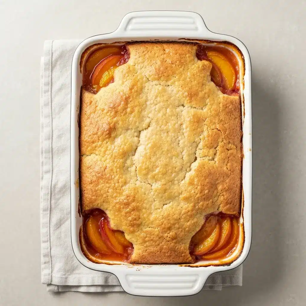 Homemade Peach Cobbler Recipe (The Easiest & Best!) 3 An overhead view of a freshly baked homemade peach cobbler in a baking dish.