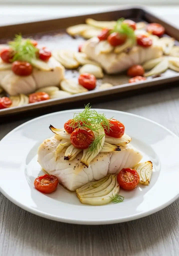 A serving of Ina Garten halibut recipe on a white plate, surrounded by roasted tomatoes and fennel.