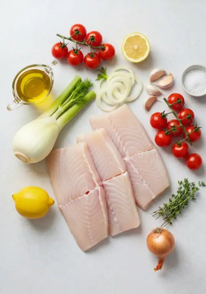 How to Make Ina Garten's Famous Roasted Halibut with Tomatoes and Capers (Barefoot Contessa) 1 Ingredients for Ina Garten's halibut recipe laid out on a neutral surface.