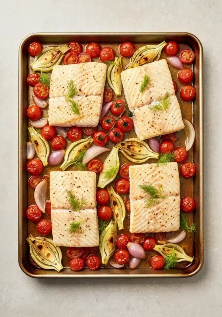 How to Make Ina Garten's Famous Roasted Halibut with Tomatoes and Capers (Barefoot Contessa) 2 Overhead view of the sheet pan with Ina Garten's roasted halibut and vegetables.