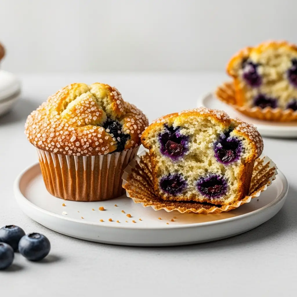 Two jumbo blueberry muffins on a plate, one broken in half to show the moist interior.
