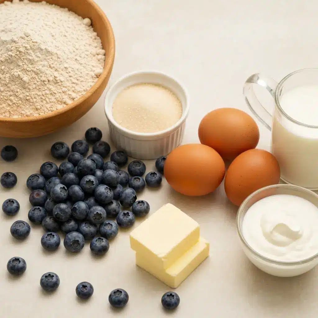 Jumbo Blueberry Muffin Recipe (Bakery-Style!) 1 Overhead shot of ingredients for jumbo blueberry muffins: flour, sugar, blueberries, eggs, butter, and sour cream.