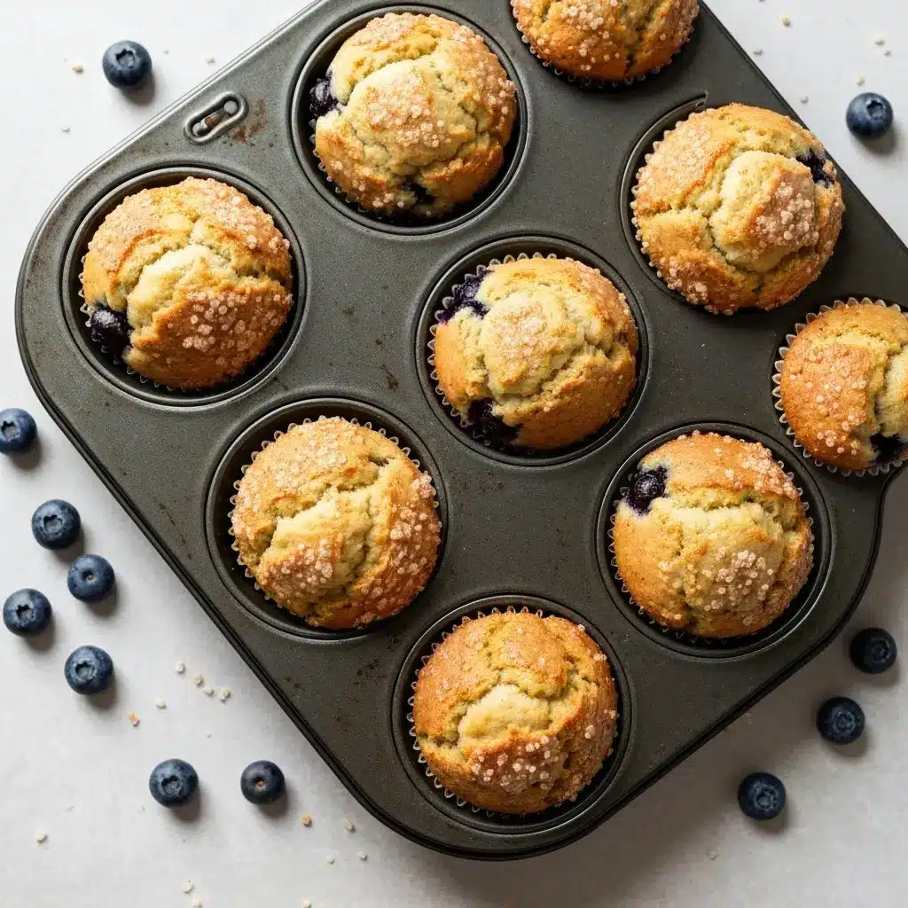 Jumbo Blueberry Muffin Recipe (Bakery-Style!) 2 Overhead view of six jumbo blueberry muffins fresh from the oven in a muffin tin.