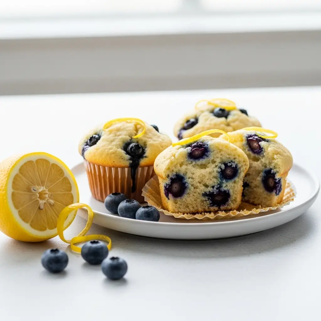 Lemon Blueberry Muffin Recipe (Bakery-Style Perfection!) 3 A close up shot of three lemon blueberry muffins on a plate, with one broken open to show the moist crumb and juicy blueberries inside.