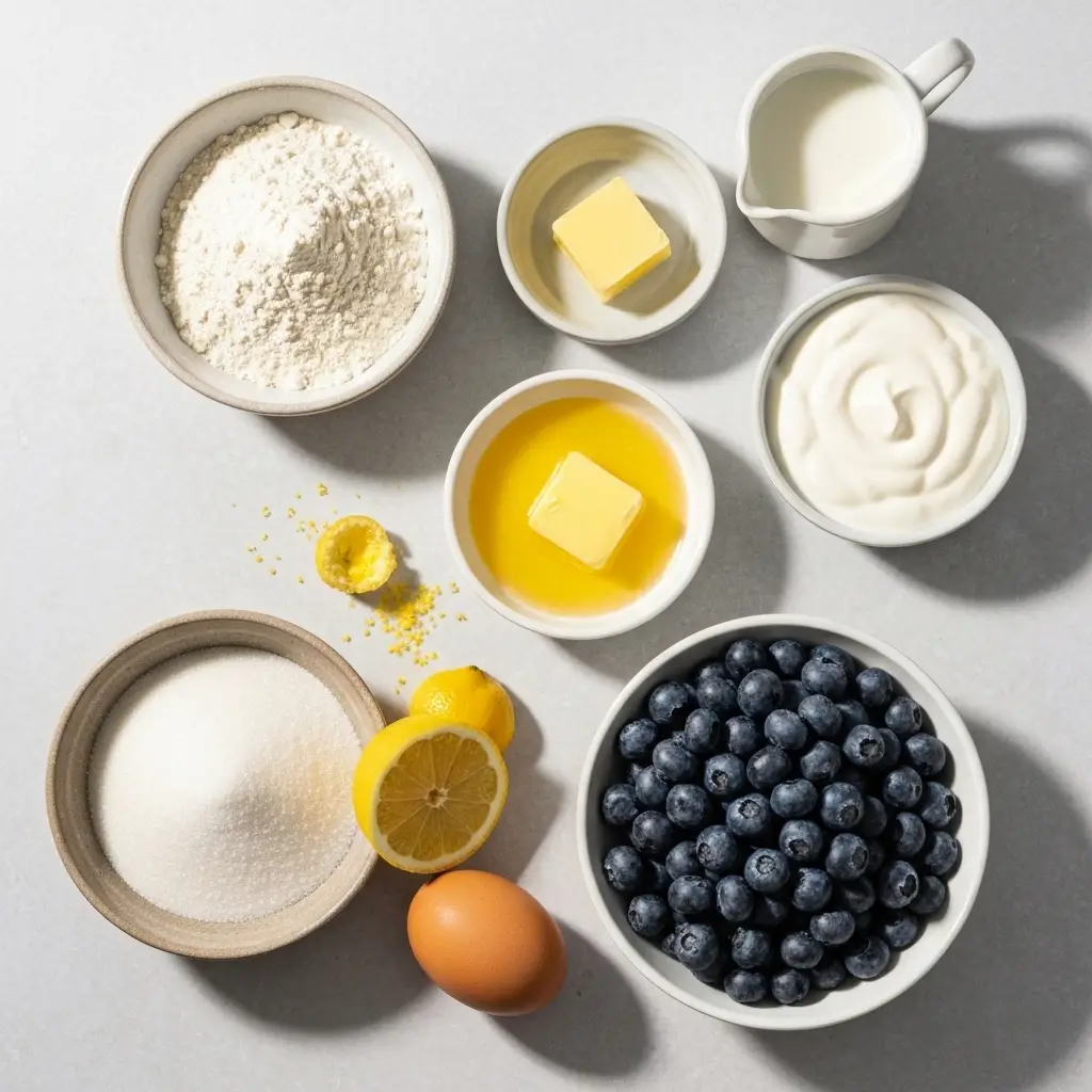 Lemon Blueberry Muffin Recipe (Bakery-Style Perfection!) 1 An overhead view of ingredients for lemon blueberry muffins, including flour, sugar, butter, lemon, and blueberries, arranged on a light surface.