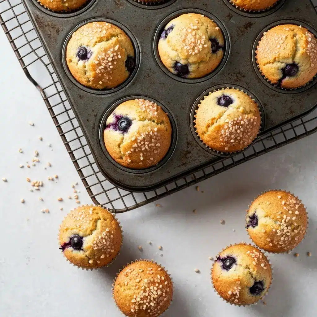 Lemon Blueberry Muffin Recipe (Bakery-Style Perfection!) 2 An overhead shot of freshly baked lemon blueberry muffins cooling on a wire rack, showing their golden, sugar-crusted tops.