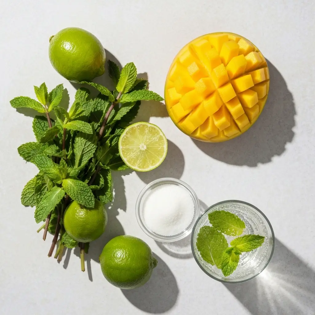 Mango Mojito Recipe (The Best Tropical Twist!) 1 Ingredients for a mango mojito: fresh mango, mint, limes, sugar, and rum.