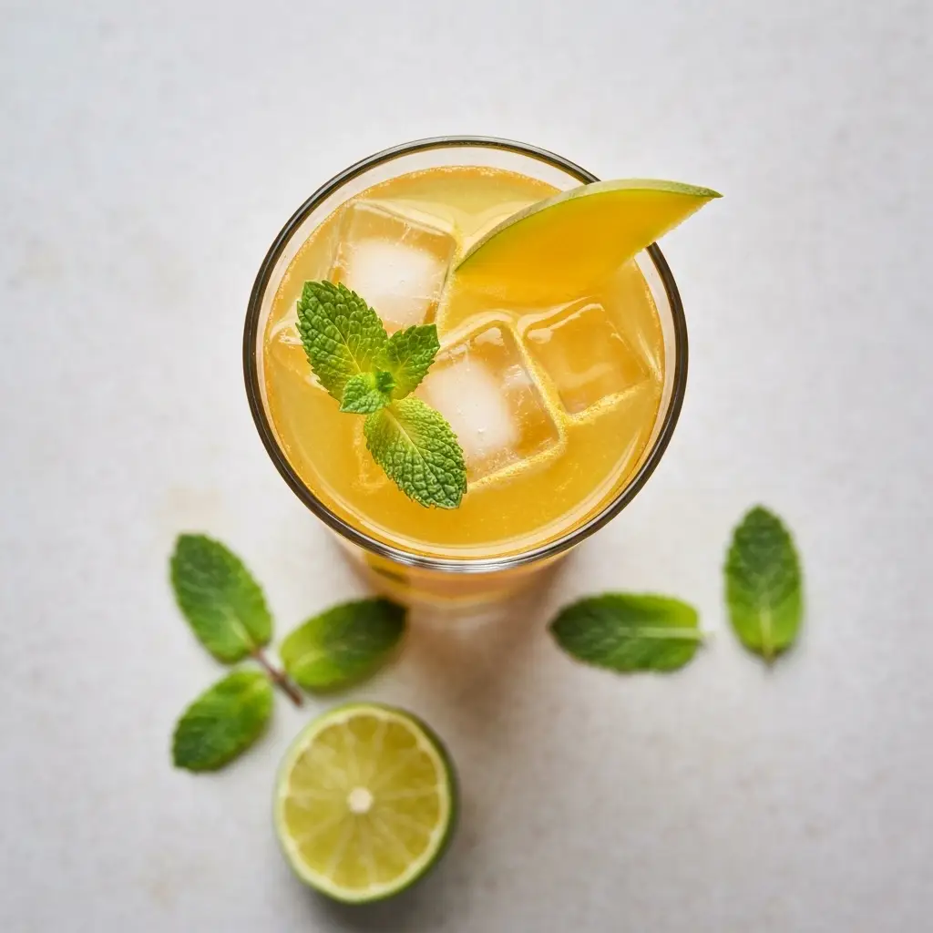 Mango Mojito Recipe (The Best Tropical Twist!) 2 An overhead view of a finished mango mojito cocktail.