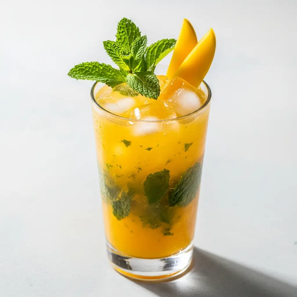 A refreshing mango mojito recipe in a tall glass with a fresh mint and mango slice garnish.