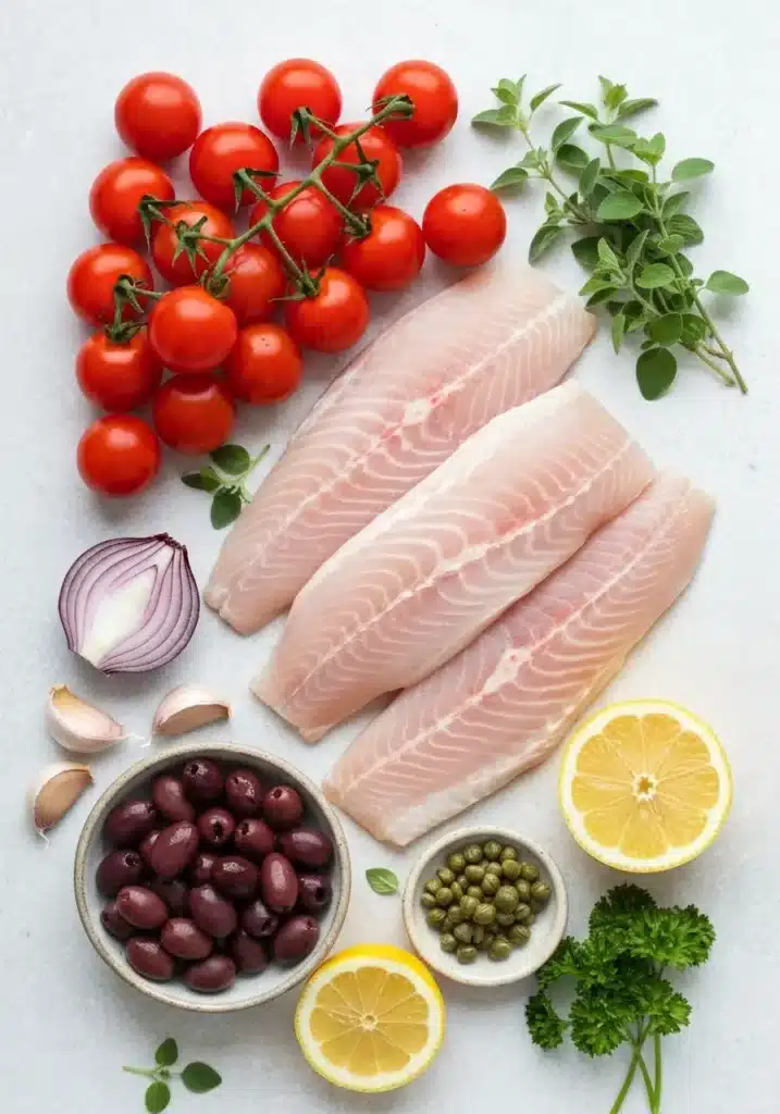 Easy One-Pan Mediterranean Halibut Recipe with Olives, Tomatoes, and Feta Cheese 1 Overhead view of fresh ingredients for Mediterranean halibut: raw halibut, cherry tomatoes, olives, lemon, and herbs.