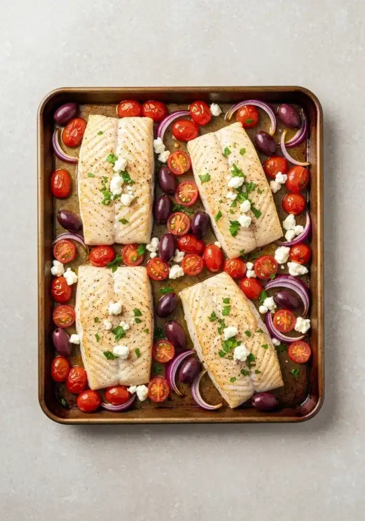 Easy One-Pan Mediterranean Halibut Recipe with Olives, Tomatoes, and Feta Cheese 2 Overhead flat lay of the completed Mediterranean halibut recipe on a baking sheet, ready to serve.