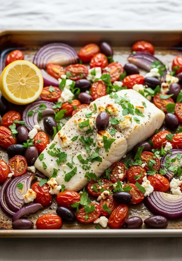 A freshly baked Mediterranean halibut recipe on a sheet pan with burst tomatoes, olives, and feta cheese, seen from a 45-degree angle.