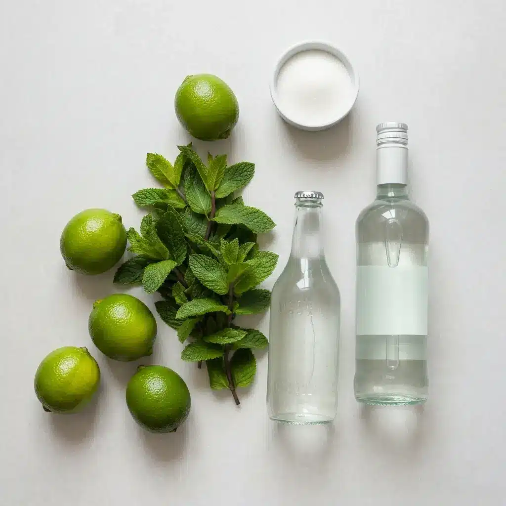 Mojito Recipe: The Ultimate Guide to the Perfect Classic Cocktail 1 Ingredients for a classic mojito recipe: fresh mint, limes, sugar, white rum, and club soda.