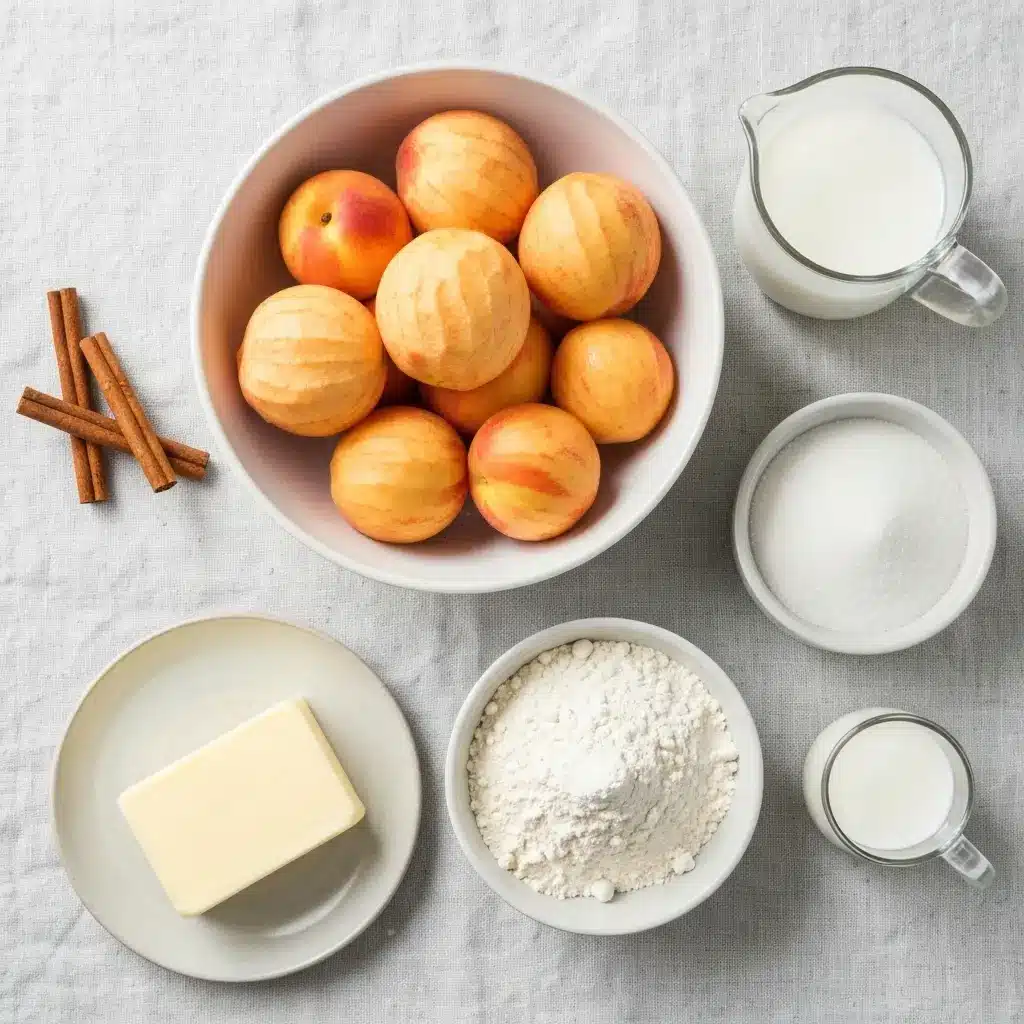 Old Fashioned Peach Cobbler Recipe (Just Like Grandma's) 1 Ingredients for old fashioned peach cobbler: fresh peaches, flour, sugar, butter, and milk.
