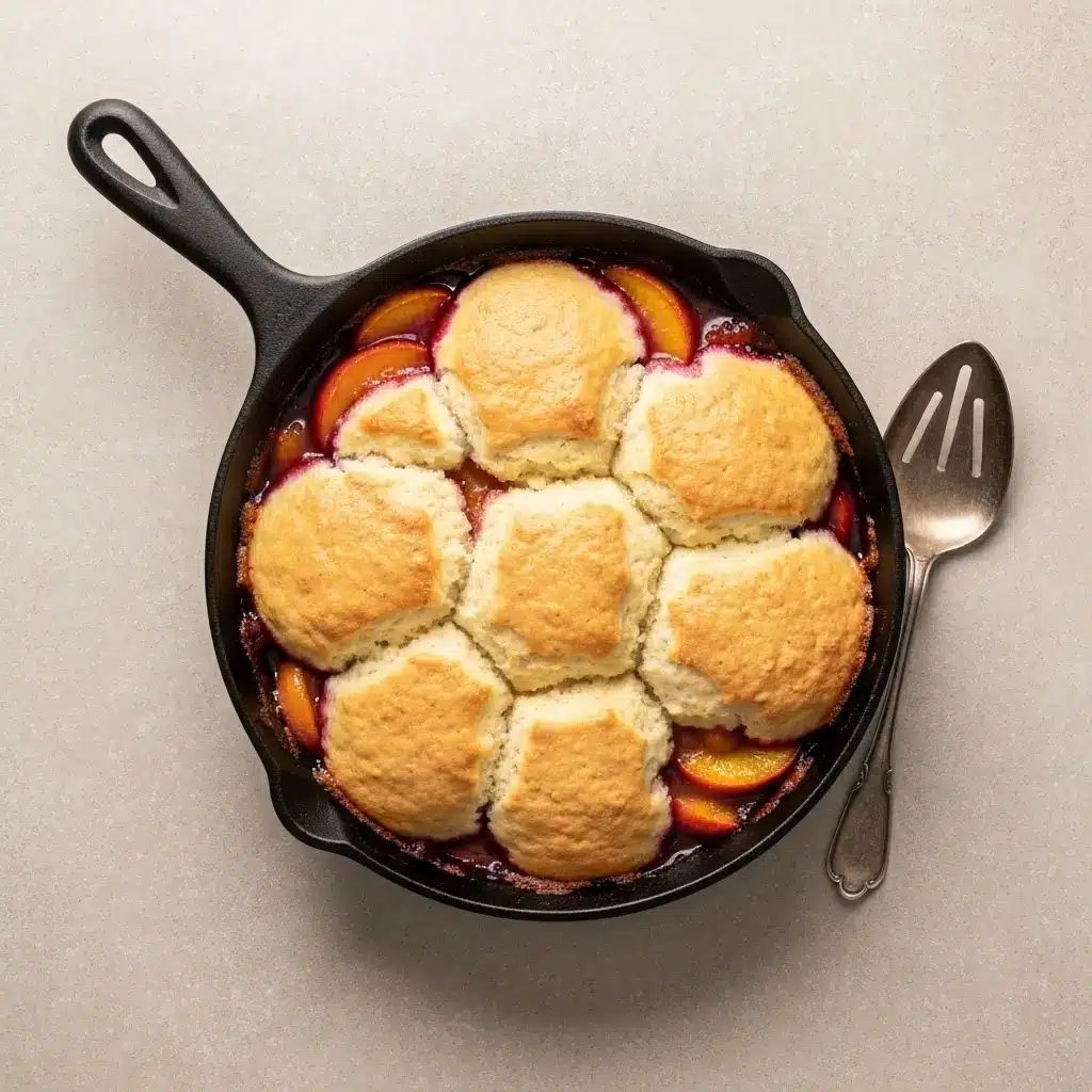Old Fashioned Peach Cobbler Recipe (Just Like Grandma's) 3 Overhead view of a freshly baked old fashioned peach cobbler with a golden brown biscuit topping.