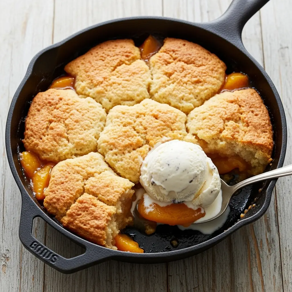 Old Fashioned Peach Cobbler Recipe (Just Like Grandma's) 2 A warm old fashioned peach cobbler in a cast iron skillet with a scoop taken out, served with melting vanilla ice cream.