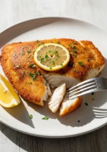 A perfectly pan-fried halibut fillet with a golden crispy crust on a white plate, garnished with fresh parsley and lemon.