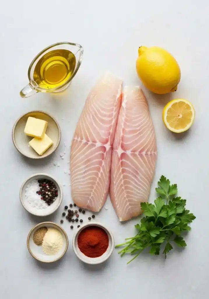 Simple and Delicious Pan Fried Halibut Recipe with a Light, Crispy Garlic Butter Crust 1 Ingredients for the pan-fried halibut recipe, including halibut fillets, oil, butter, lemon, and spices, arranged on a light surface.