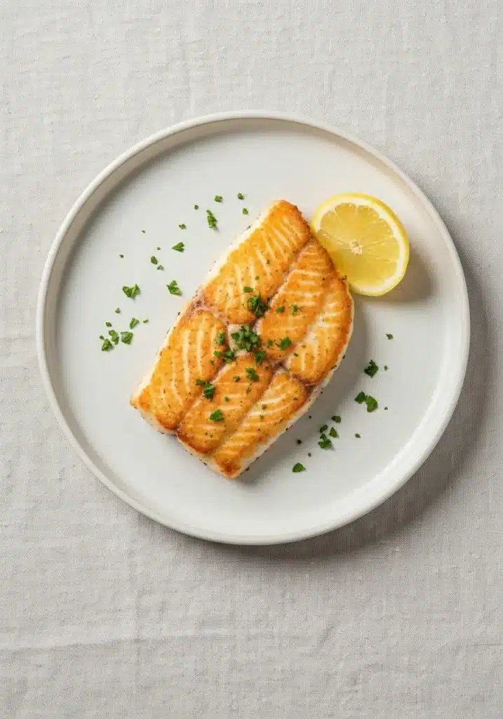 Simple and Delicious Pan Fried Halibut Recipe with a Light, Crispy Garlic Butter Crust 2 Overhead view of a crispy pan-fried halibut fillet on a plate, ready to eat.