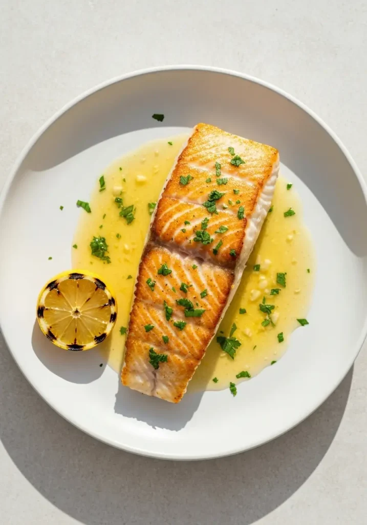 The Simplest Halibut Fillet Recipe, Pan-Fried with Lemon and Dill for a Quick Dinner 2 Overhead view of a cooked halibut fillet on a white plate, garnished with parsley and a lemon wedge.