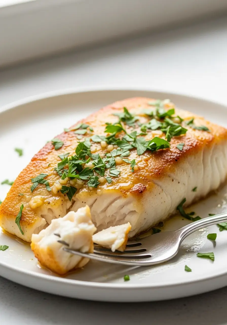 The Simplest Halibut Fillet Recipe, Pan-Fried with Lemon and Dill for a Quick Dinner 3 A perfectly pan-seared halibut fillet with a golden crust, drizzled with lemon garlic butter sauce and fresh parsley.