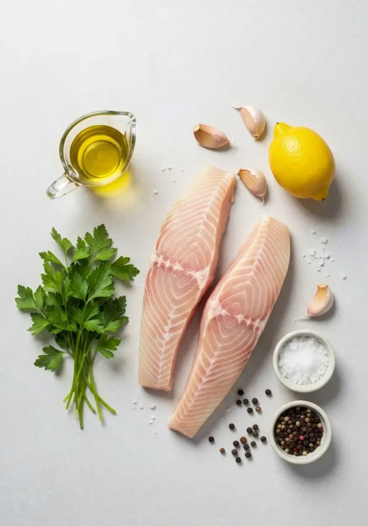 This Easy Pan Seared Halibut Recipe Gives You a Perfect Golden Crust and Flaky Center 1 Ingredients for pan-seared halibut recipe laid out on a neutral surface: halibut fillets, oil, garlic, lemon, parsley, salt, and pepper.
