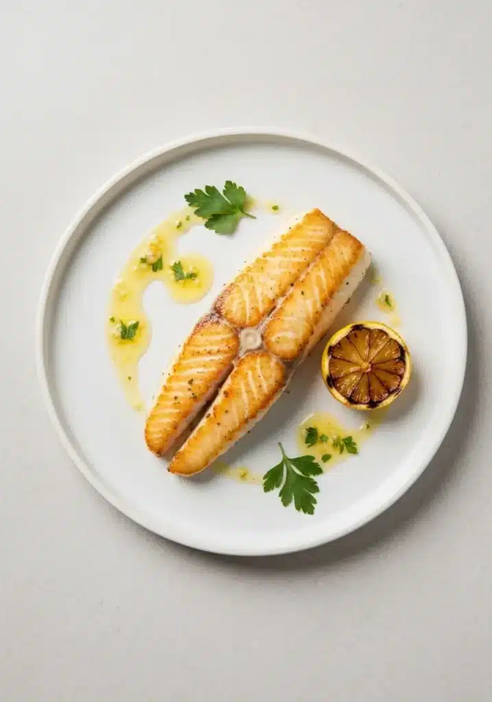This Easy Pan Seared Halibut Recipe Gives You a Perfect Golden Crust and Flaky Center 2 Overhead view of a cooked pan-seared halibut fillet on a white plate, garnished with lemon and parsley.