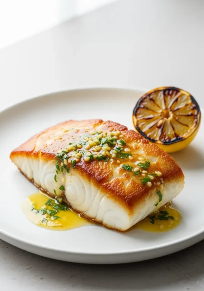 A pan-seared halibut fillet with a golden crust, served on a white plate with lemon garlic butter sauce and fresh parsley.