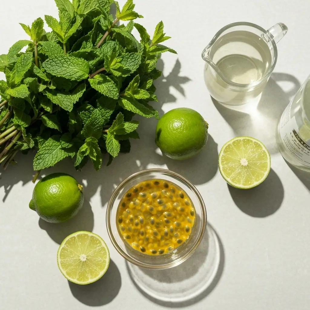 Passion Fruit Mojito Recipe (Easy & Refreshing) 1 Ingredients for a passion fruit mojito: fresh mint, limes, passion fruit pulp, simple syrup, and white rum.