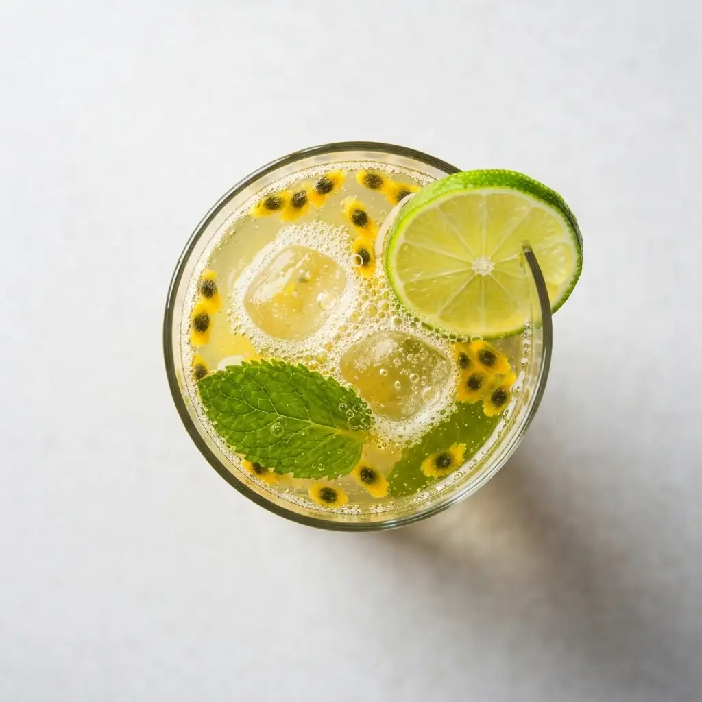 Passion Fruit Mojito Recipe (Easy & Refreshing) 3 Overhead view of a passion fruit mojito in a glass, showing the mint and passion fruit seeds.