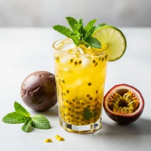A refreshing passion fruit mojito in a tall glass, garnished with a sprig of mint and a lime wheel.