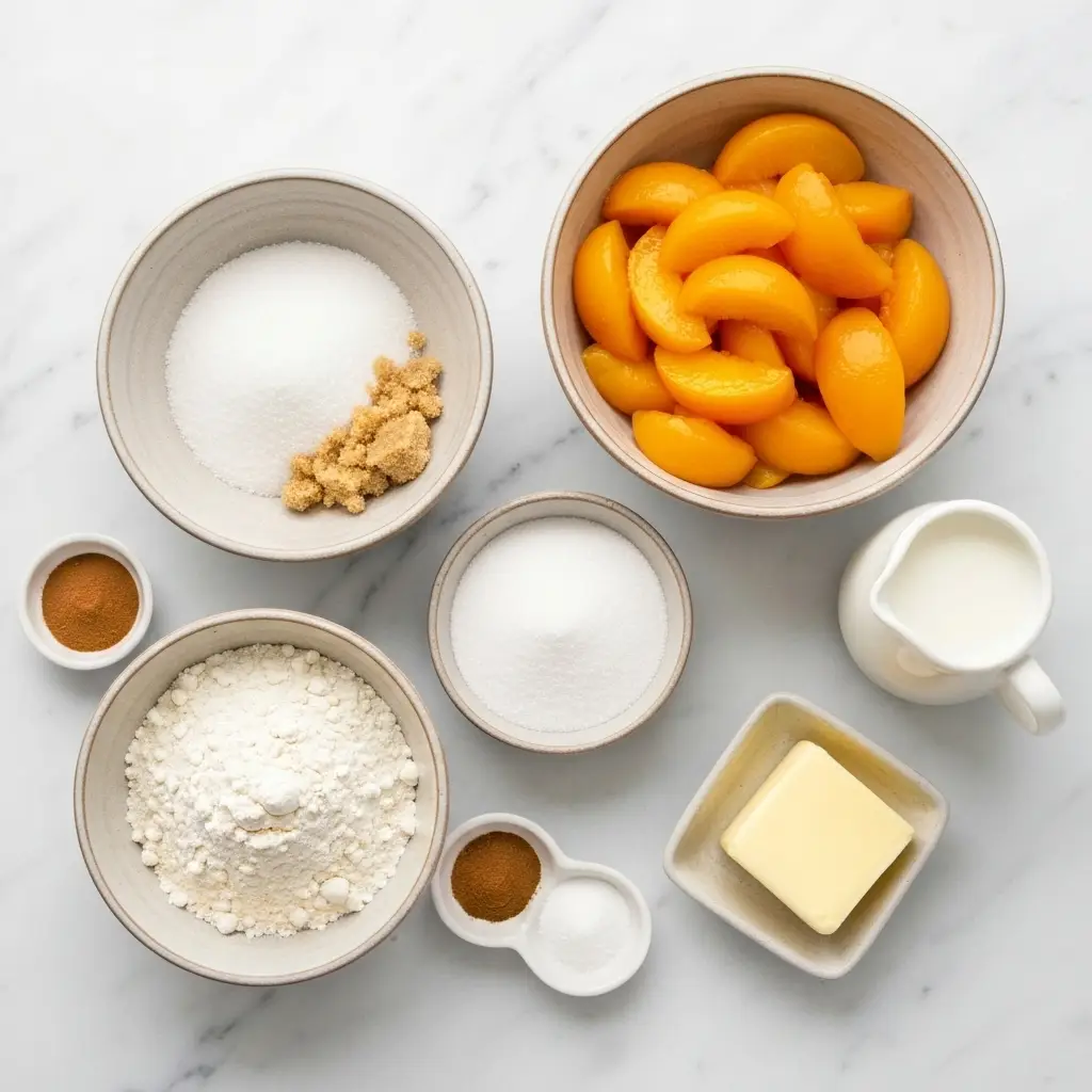 Peach Cobbler with Canned Peaches (Quick & Easy Recipe!) 1 Ingredients for peach cobbler with canned peaches arranged on a counter.